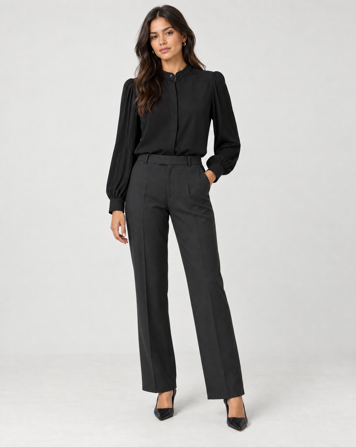 The Office Bundle D - Heirloom Blouse (Black), Foundry Trouser (Charcoal).