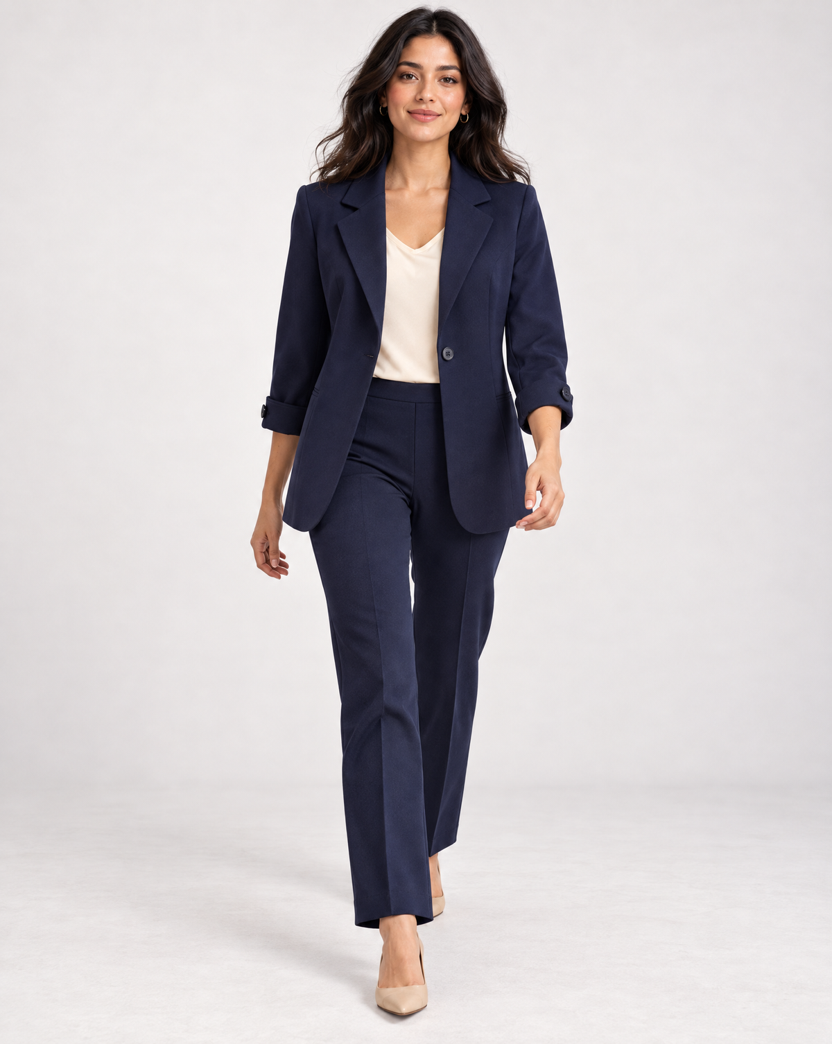 The 'Office' Bundle F - Inner Circle Blazer (Navy), Regent V Neck Shirt (Blush), The Grande Tour Wide Leg Trouser (Navy)