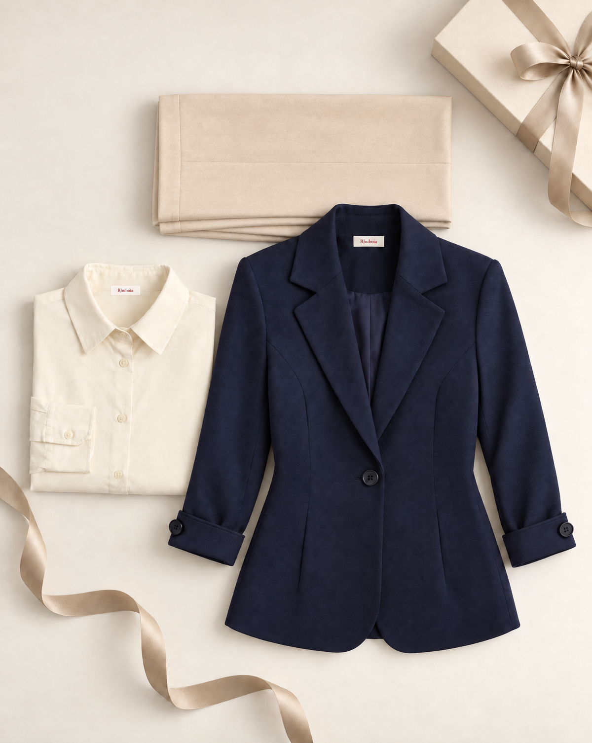 The 'Office' Bundle B - Inner Circle Blazer (Navy), The Grande Tour Wide Leg (Beige), Clarity Essential Button Up (Alabaster)