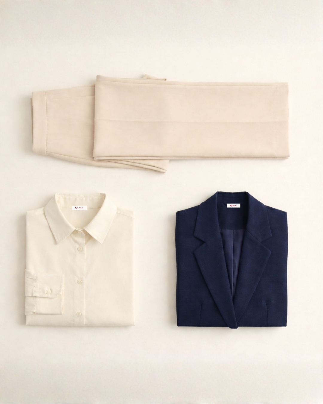 Das „Office“-Paket B – Inner Circle Blazer (Marineblau), Die Große Tour Weite Hose (Beige), Klarheit Grundlegendes Hemd mit Knöpfen (Alabaster)