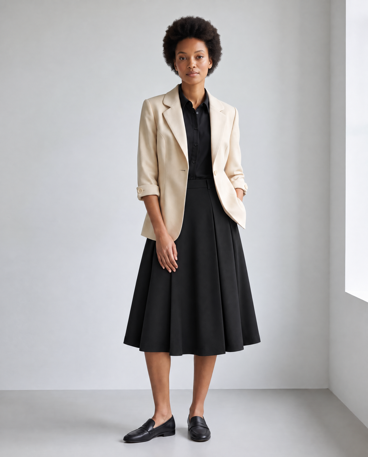 The 'Office' Bundle C - Inner Circle Blazer (Beige), Riviera Pleated Skirt (Black), Clarity Essential Button Up (Black)