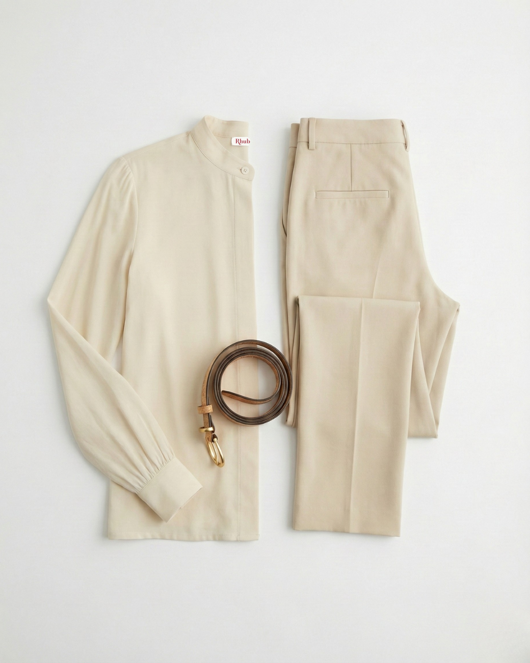 Das 'Timeless' Bundle B - Erbstück-Bluse (Alabaster), Foundry-Hose (Beige), Signature Wendbarer Gürtel (Hellbraun)