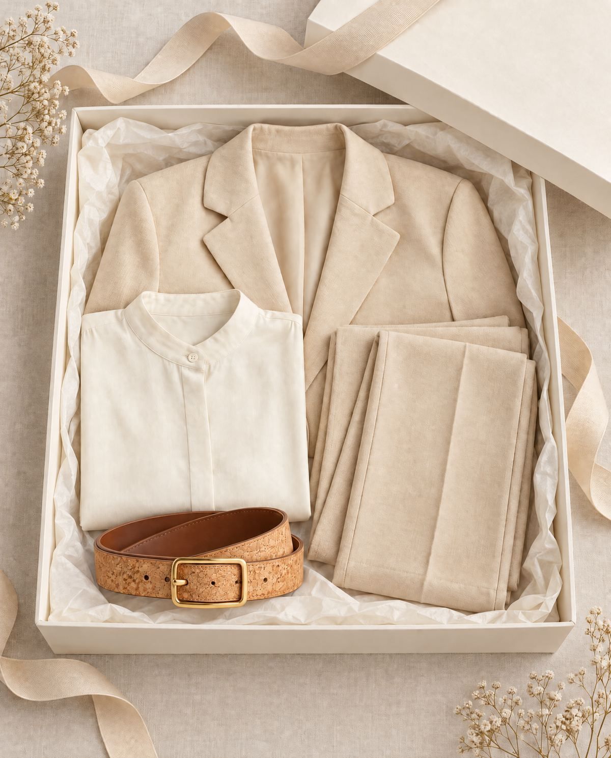 The 'Timeless' Bundle A - Inner Circle Blazer (Beige), Heirloom Shirt (Alabaster), Foundry Trouser (Beige), Signature Reversible Cork Belt (Tan)