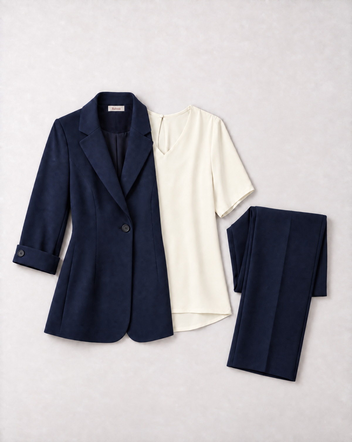 The 'Office' Bundle F - Inner Circle Blazer (Navy), Regent V Neck Shirt (Blush), The Grande Tour Wide Leg Trouser (Navy)