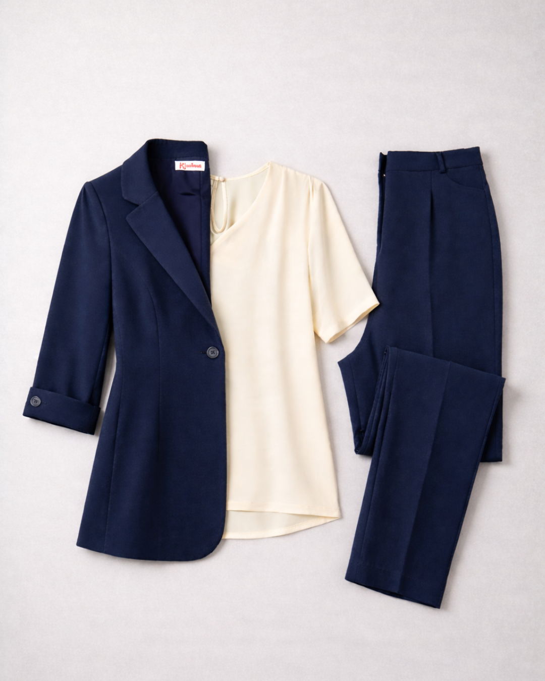 Das 'Büro' Paket F - Inner Circle Blazer (Marineblau), Regent V-Ausschnitt Hemd (Rosé), Die Große Tour Weite Hose (Marineblau)