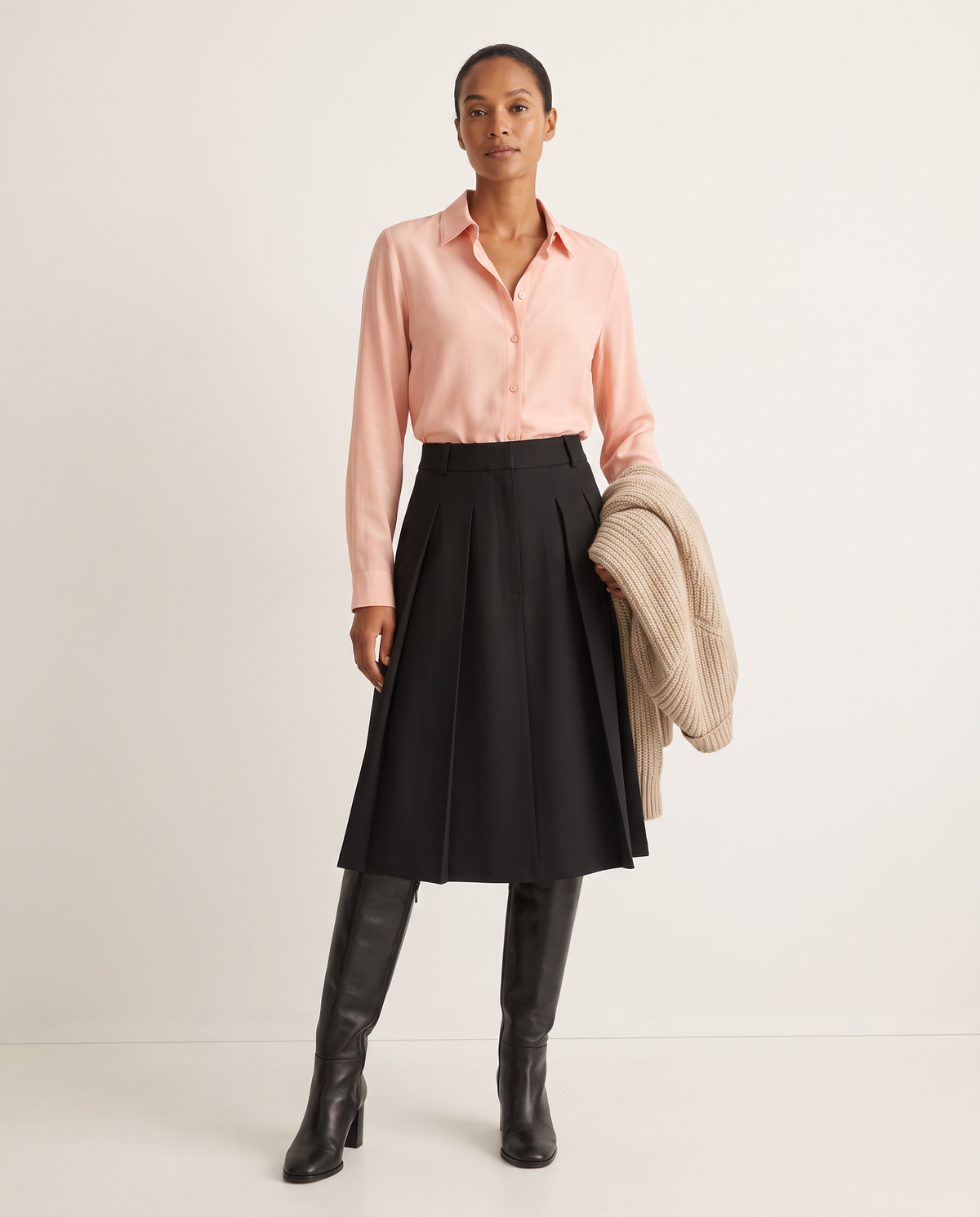The Office Bundle E - Clarity Essential Button Up (Blush), Riveira Pleated Skirt (Black).
