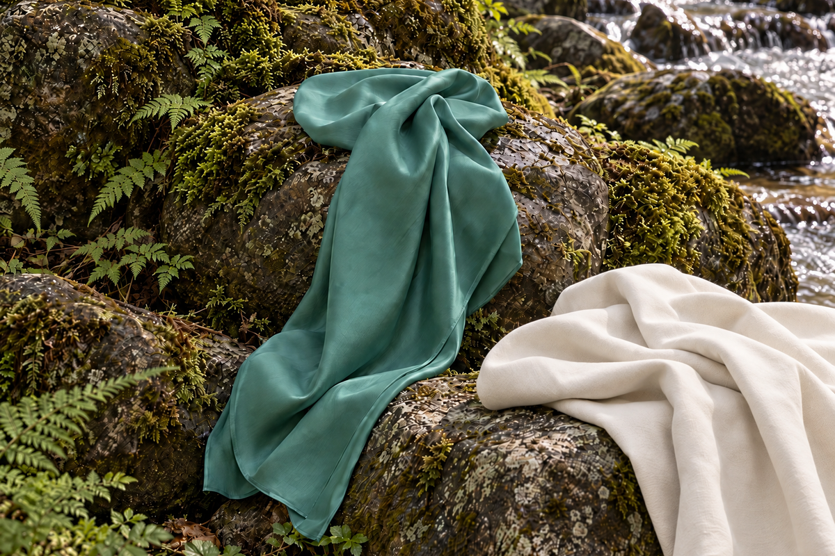 Two lightweight draped textiles, one in muted teal green and one in warm off-white, arranged on mossy rocks beside a forest stream.