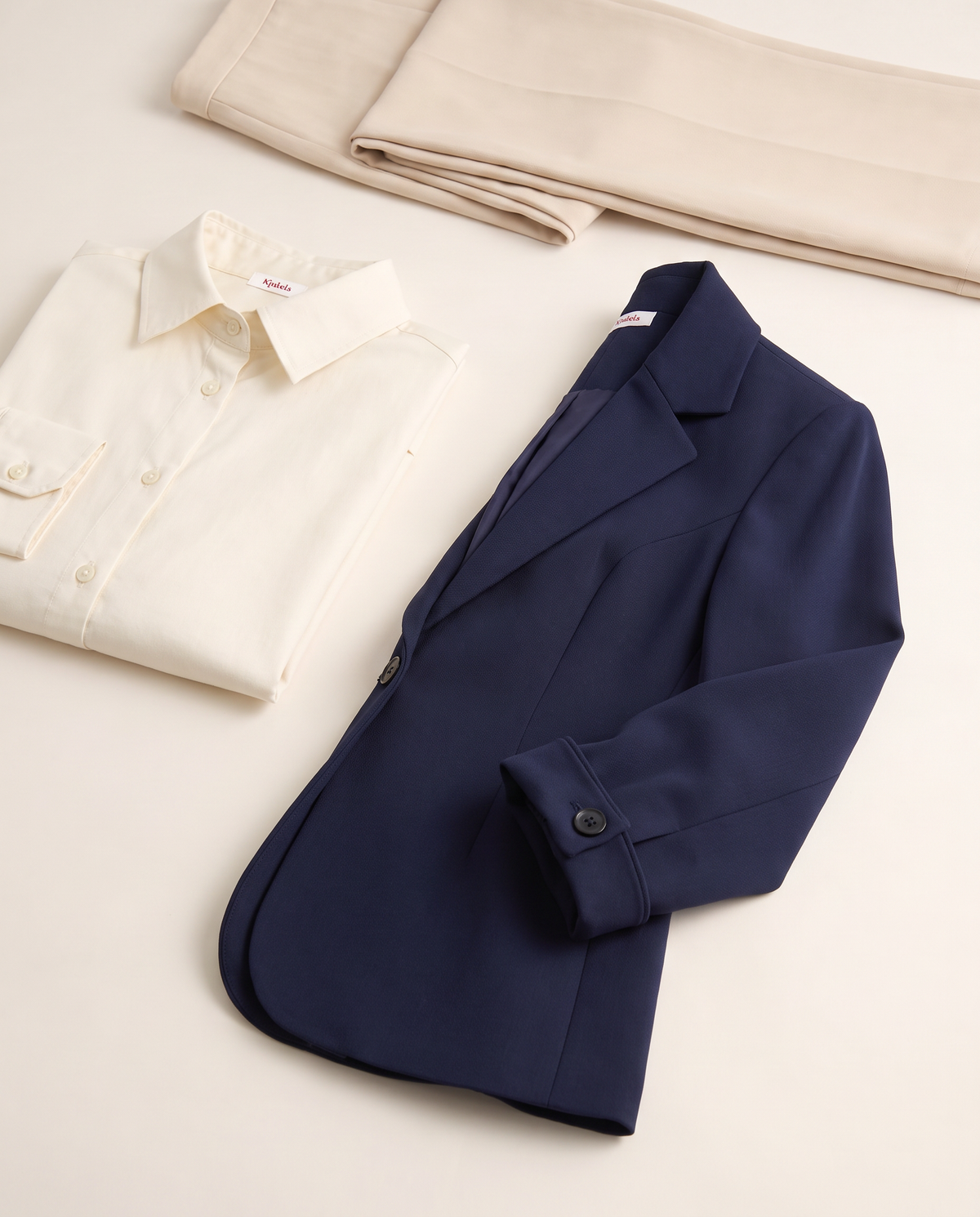 Das „Office“-Paket B – Inner Circle Blazer (Marineblau), Die Große Tour Weite Hose (Beige), Klarheit Grundlegendes Hemd mit Knöpfen (Alabaster)