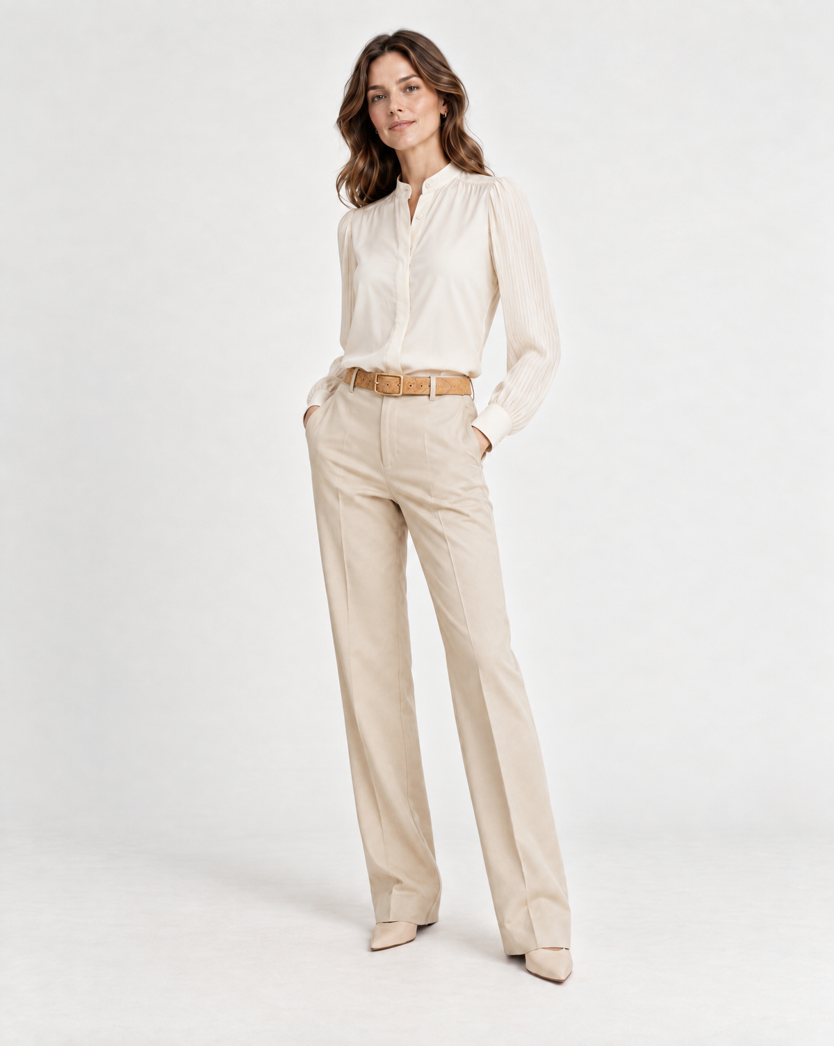 The 'Timeless' Bundle B - Heirloom Blouse (Alabaster), Foundry Trousers (Beige), Signature Reversible Belt (Tan)