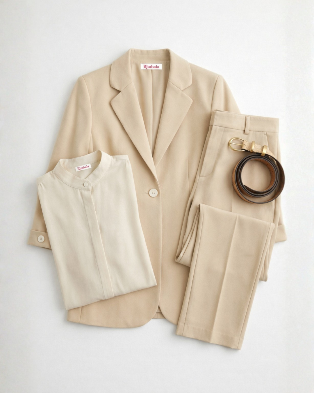 Das „Zeitlos“-Paket A – Innerer Kreis Blazer (Beige), Erbstück Hemd (Alabaster), Gießerei Hose (Beige), Markantes Wendbares Korkgürtel (Hellbraun)