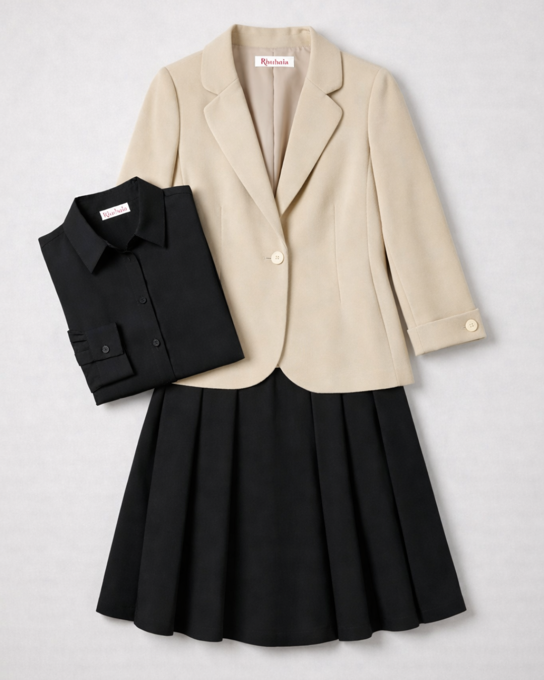 Das 'Büro' Paket C - Inner Circle Blazer (Beige), Riviera Faltenrock (Schwarz), Klarheit Grundlegendes Hemd mit Knöpfen (Schwarz)