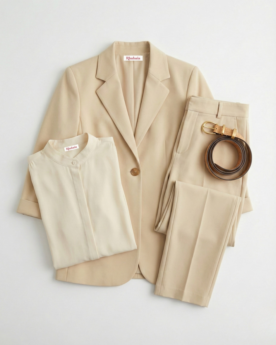The 'Timeless' Bundle A - Inner Circle Blazer (Beige), Heirloom Shirt (Alabaster), Foundry Trouser (Beige), Signature Reversible Cork Belt (Tan)