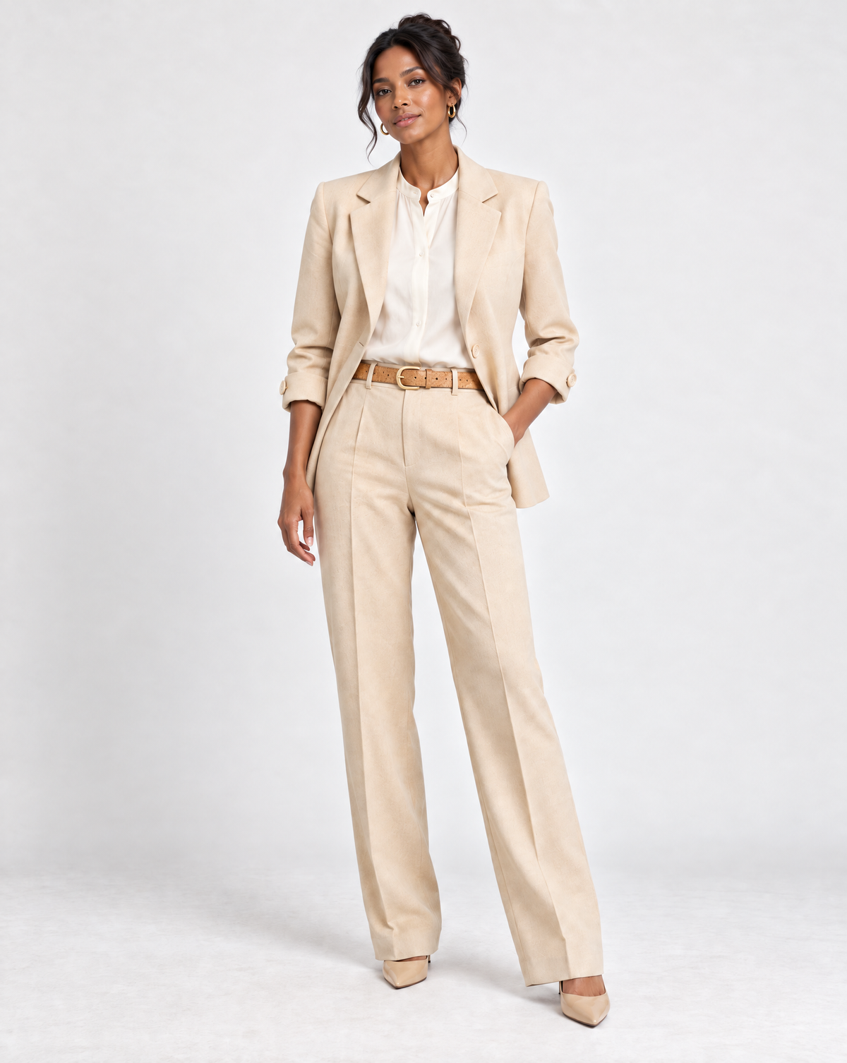 The 'Timeless' Bundle A - Inner Circle Blazer (Beige), Heirloom Shirt (Alabaster), Foundry Trouser (Beige), Signature Reversible Cork Belt (Tan)