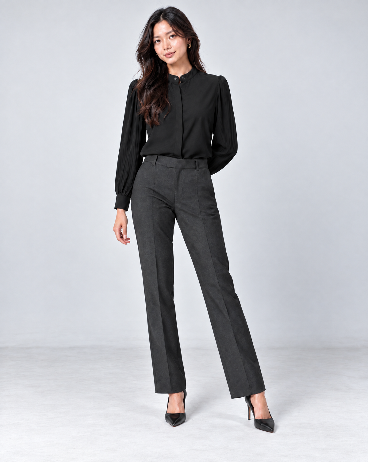 The Office Bundle D - Heirloom Blouse (Black), Foundry Trouser (Charcoal).