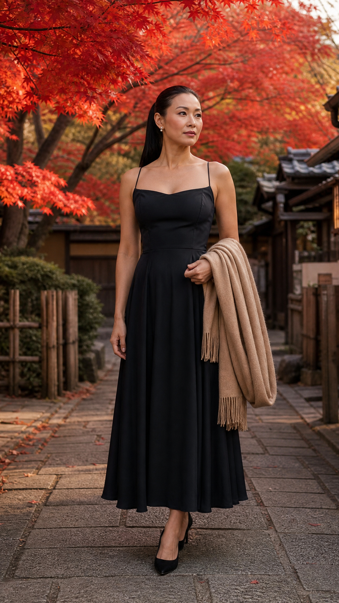 A woman wearing a black spaghetti-strap midi dress and holding a beige shawl walks down a stone path lined with traditional Japanese houses and vibrant red autumn maple leaves.